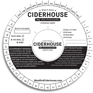 Cider keg collar examples: West End Ciderhouse, Athens, OH Keg Collar and caps (center coaster cutout).
