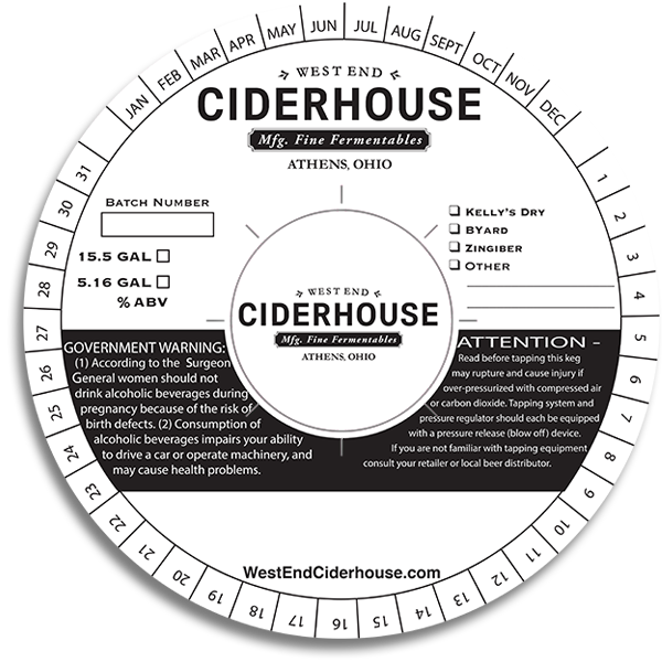 Cider keg collar examples: West End Ciderhouse, Athens, OH Keg Collar and caps (center coaster cutout).