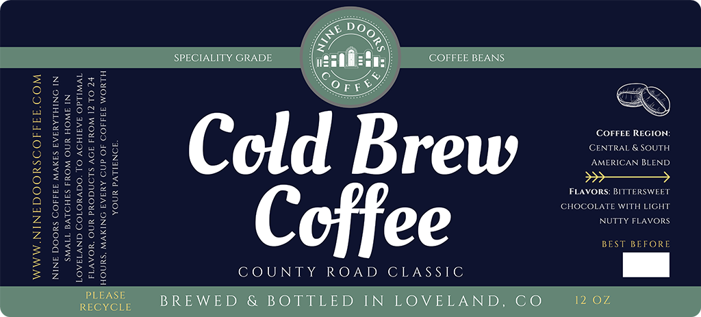 Nine Doors Coffee: Cold Brew Coffee label.