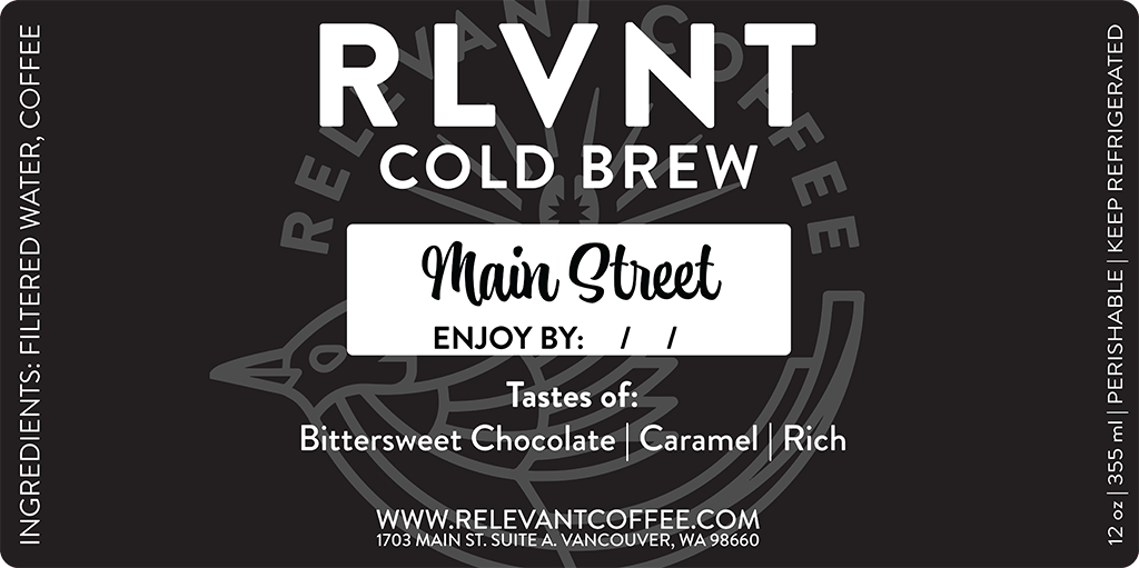 RLVNT: Cold Brew coffee label.